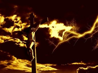 Illustration of Jesus hanging on the cross, with storm clouds and lightning in the background